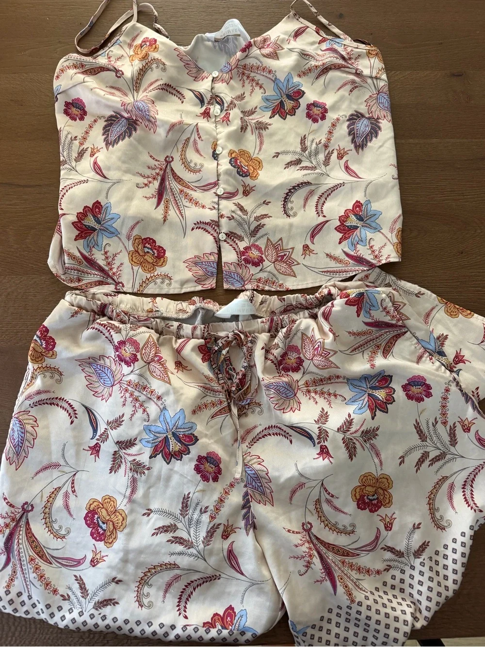 Primark Satin Pajama Set Women's Large Floral Paisley Button Tank & Pants 2 Pc
